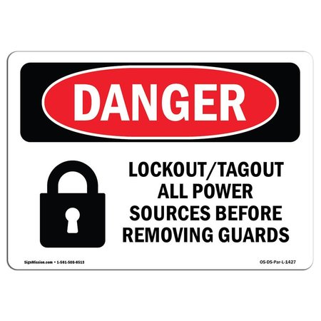 SIGNMISSION OSHA Danger Sign, Lockout Tagout All Power Sources, 7in X 5in Decal, 5" W, 7" L, Landscape OS-DS-D-57-L-1427